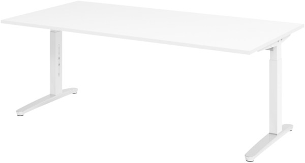 bümö manuell höhenverstellbarer Schreibtisch 200x100 in weiß, Gestell in weiß/alu - PC Tisch höhenverstellbar & groß, höhenverstellbarer Tisch Büro, großer Computertisch verstellbar, X2E-W-WC