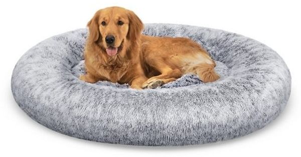 FEANDREA Hundebett flauschig, Katzenbett, Donut Kissen, waschbar, Polsterung in der Mitte herausnehmbar, langer Plüsch, grau