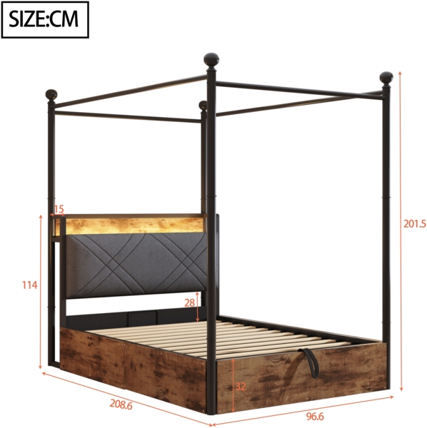 Bett 90x190 cm mit Stauraum und LED-Beleuchtung – multifunktionales Smart-Himmelbett Bild 7