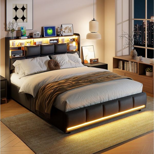 Furnishings Home Polsterbett Stauraumbett Doppelbett LED (Steckdosen + USB, Hydraulisch hebbarer Stauraum), Mit LED-Beleuchtung, Bettkasten, Ladestation, Kunstleder, 160x200 cm
