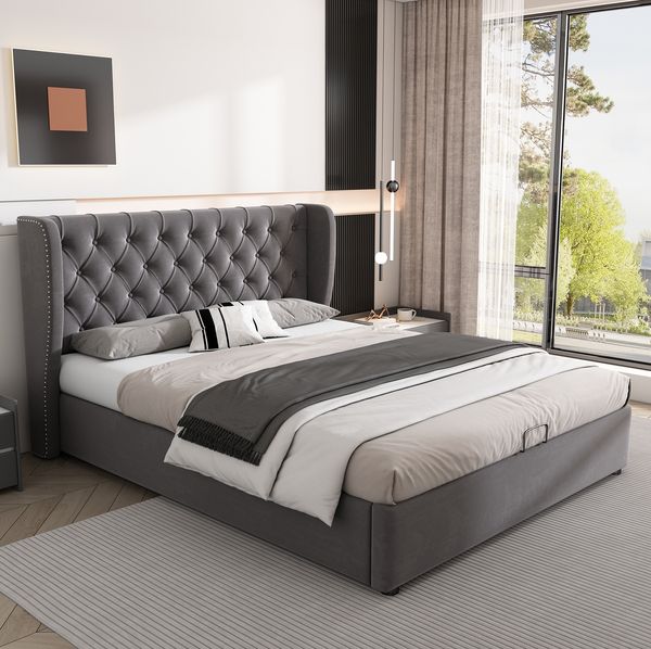 Polsterbett 140x200 cm aus Samt mit Stauraum, Chesterfield-Design