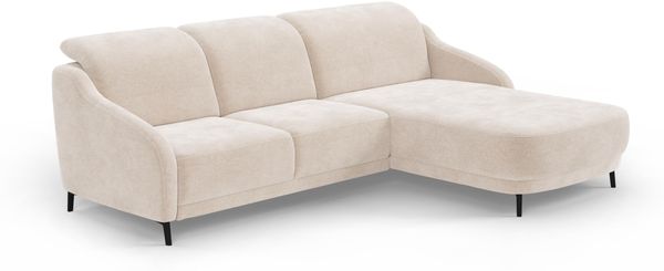 CAVADORE Ecksofa Blue/Moderne Eckcouch mit Longchair, inklusiv Kopfteilverstellung, Vorziehsitz motorisch und mattschwarzen Metallfüßen / 271 x 93 x 191 / Mikrofaser, Beige