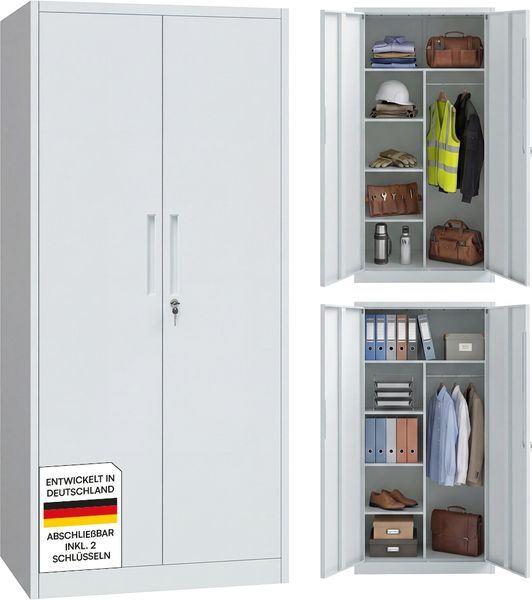 STEELSØN 'Regulus' Garderobenschrank mit 6 Fächern und Kleiderstange, Metall, hellgrau, 175x40x80 cm, abschließbar, inkl. Schloss