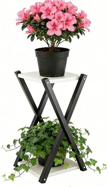 BlingBin Blumenhocker Blumenständer 2 Ebenen, Pflanzenständer aus Metall mit Holzoptik (1er Set, 1 St, Pflanzenregal), Stabiler Blumentopf Ständer für Wohnzimmer,Schlafzimmer & kleine Räume