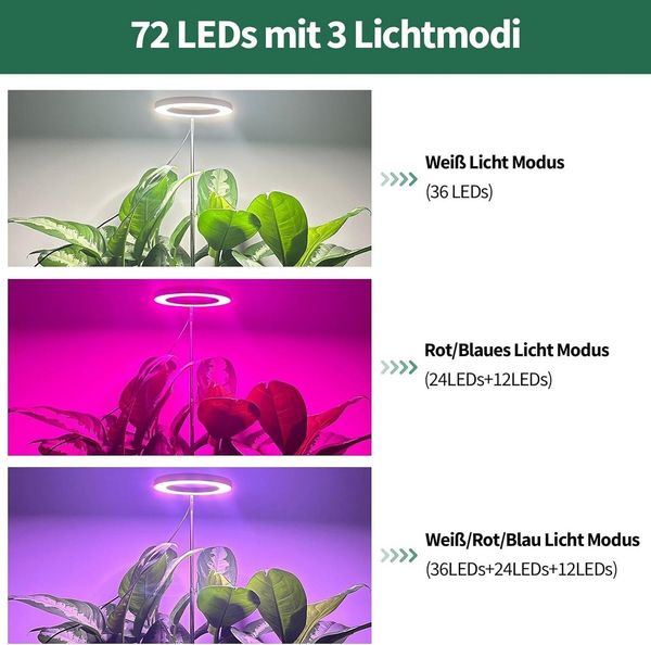 Laybasic Pflanzenlampe 72LEDs Pflanzenlampe Vollspektrum,Garten Zimmergewächshaus Growlight, 35–155 cm höhenverstellbar,Dimmbare Helligkeit,3/9/12H Timer Bild 3