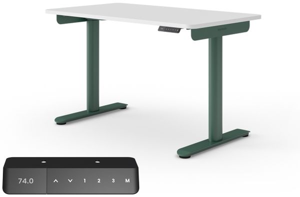 Ergotopia Desktopia One I Elektrisch höhenverstellbarer Schreibtisch I Tischplatte: 120x65 cm, Weiß Dekor I Gestell Waldgrün I Top Preis-Leistung