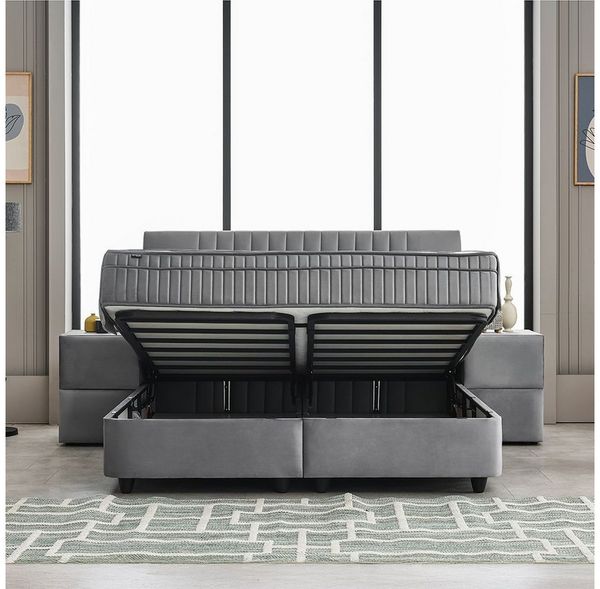 abc bedding Boxspringbett Komfortbett CLARA in Grau Samt-Stoff (Bett mit Topper, 3-St, inkl. Matratze und Topper), Voll-orthopädisches Schlafsystem inklusive Bettkasten