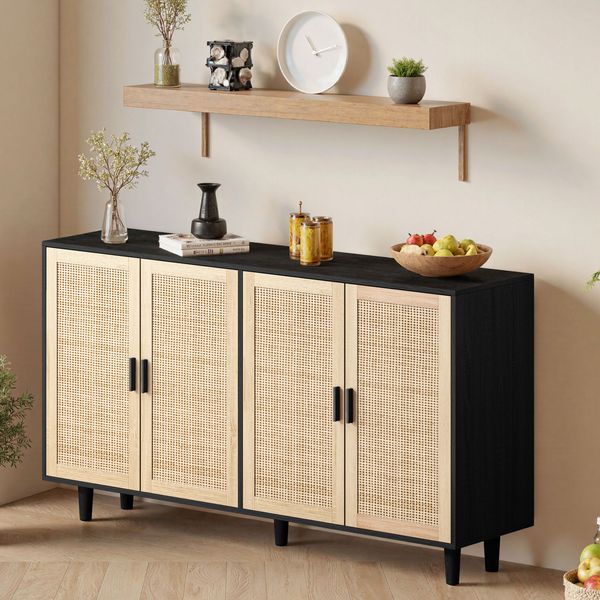 Sideboard 158 x 40 x 88 cm mit 4 Rattantüren, verstellbarem Einlegeboden und Beinen aus Massivholz, Schwarz