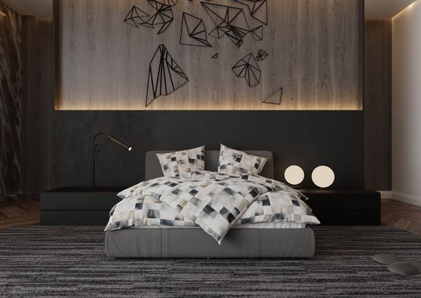 Mako Satin Bettwäsche Karo abstrakt anthrazit / braun Garnitur 240x220 + 2x 80x80