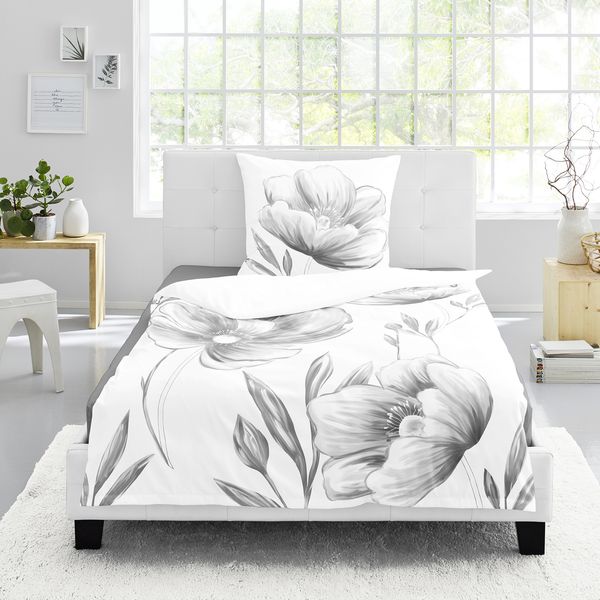 Bettwäsche Bierbaum Mako Satin 5332-10 Blumen weiß grau 135x200