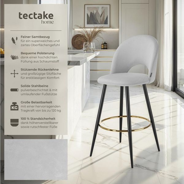 tectake Barhocker Barstuhl Sachel mit Rückenlehne, Samtoptik, 49 x 58 x 110 cm, Belastbarkeit 120 kg
