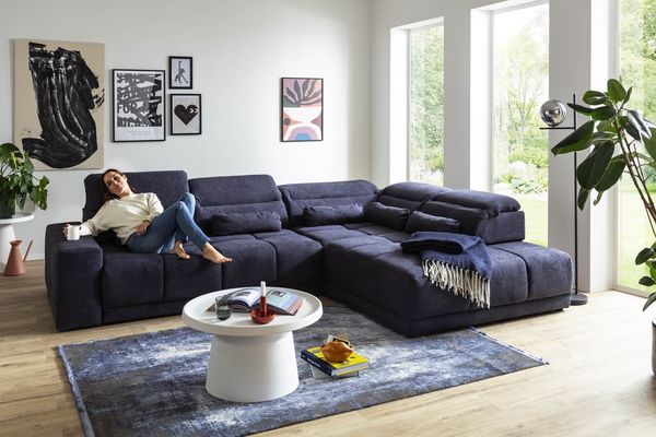 Polstergarnitur >Donaugh< 5 verstellbare Kopfteile, in blau-schwarz - 323x76x231 (BxHxT)