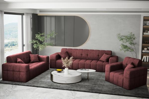 Sofaset Designersofa NANCY 3-2-1 in Stoff Perfekt Harmony Bordeauxrot