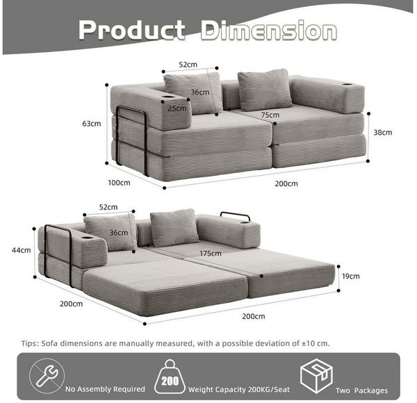 Leawin Sofa Sofas Wohnzimmer, Schlafsofa aus Cord mit Bettfunktion, Faltbares Bodensofa mit Liegefunktion für kleine Räume