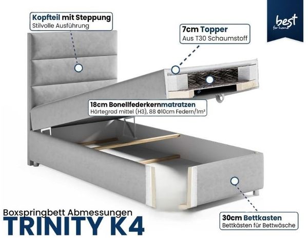 Best for Home Boxspringbett mit Bettkasten Trinity K-4 SINGLE Bonell-Matratze inkl. 7 cm Topper (Einzelbett, Polsterbett mit gepolstertes Kopfteil, Jugendbett, Kinderbett versch. Größen, 70x200 80x200 90x200 100x200 cm), verschiedene Liefermöglichkeite... Bild 3