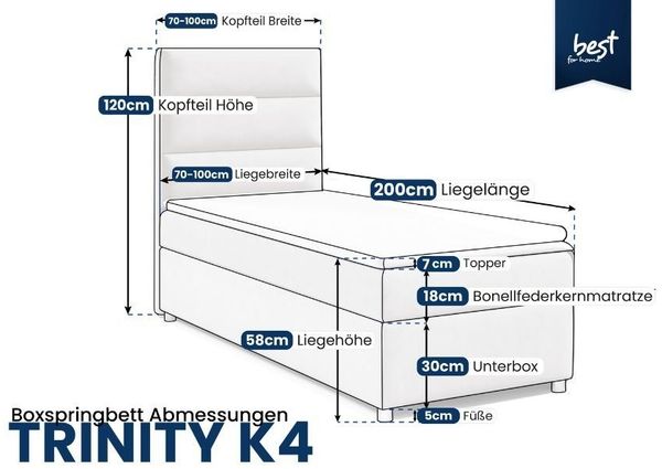 Best for Home Boxspringbett mit Bettkasten Trinity K-4 SINGLE Bonell-Matratze inkl. 7 cm Topper (Einzelbett, Polsterbett mit gepolstertes Kopfteil, Jugendbett, Kinderbett versch. Größen, 70x200 80x200 90x200 100x200 cm), verschiedene Liefermöglichkeite... Bild 2
