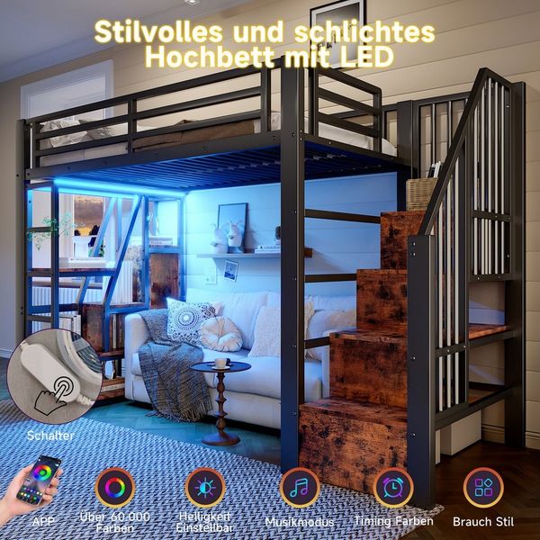 REDOM Kinderbett aus Metall mit Schutzgeländer, Leiter und integriertem Stauraum (Hochbett Jugendbett, 90x200 cm), ohne Matratze