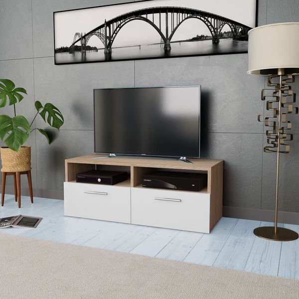 TV-Schrank, TV-Lowboard Holzwerkstoff 95x35x36 cm Eiche und Weiß