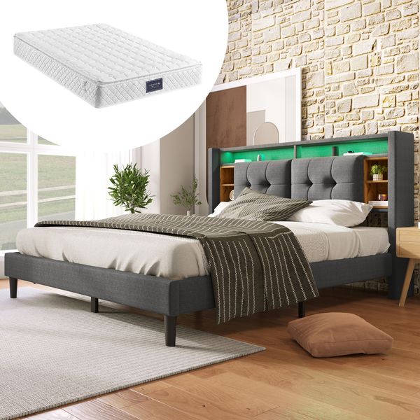 Polsterbett 160×200 cm mit Stauraum-Kopfteil, LED & USB, Grau, mit Matratze