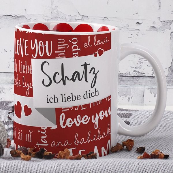 Herz & Heim Tasse mit Liebes-Motiven für Paare & Verliebte als Geschenk zum Valentinstag, innen & außen bedruckt