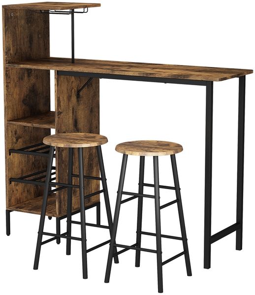 Bartisch-Set Fyrk Schwarz/Eiche rustikal 121.5 x 40 cm mit 2 Hocker Vicco