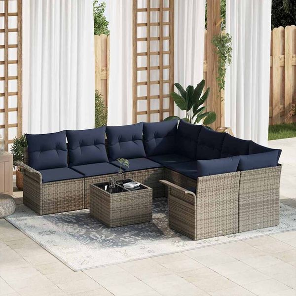 vidaXL Gartensofa-set mit Kissen 9 pcs Grau und Marineblau Poly-Rattan 3353974