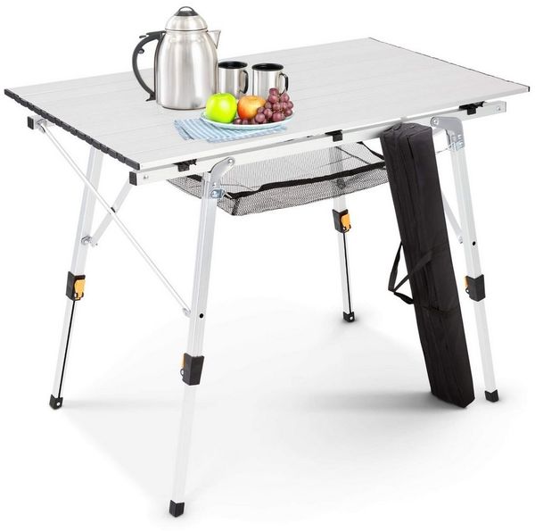 Arebos Campingtisch faltbar 90x51,5 cm | Klapptisch höhenverstellbar 47-69 cm | Camping Zubehör, Garten, Grill, Picknick | Camping Tisch klappbarer Falttisch | Reisetisch inkl. Tragetasche | Silber