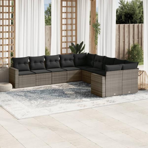 vidaXL 10-tlg. Garten-Sofagarnitur mit Kissen Grau Poly Rattan 3219500