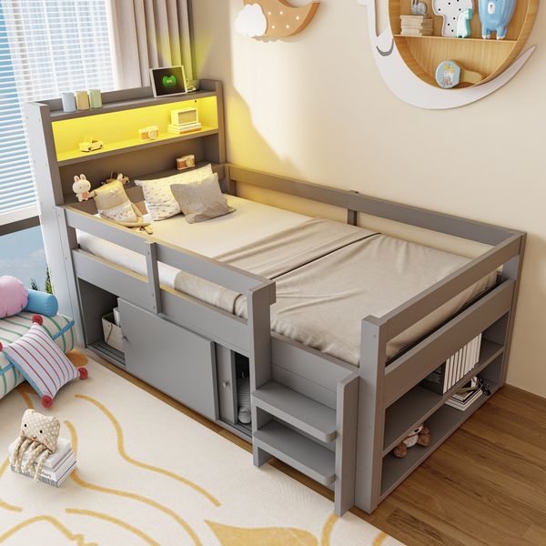 Merax Holzbett 90x200 cm, Kinderbett, Einzelbett, Multifunktionsbett, Mit Staufächern und Schränken mit Schiebetüren, ausgestattet mit LED-Beleuchtung und USB-Ladeanschlüssen, Grau