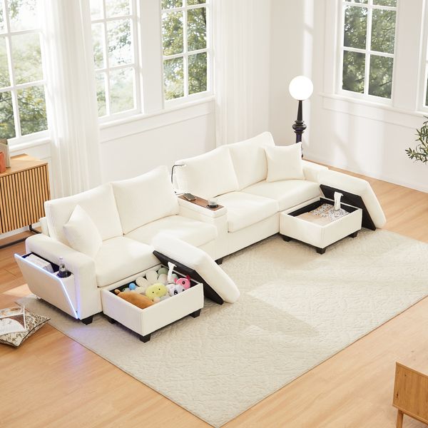 Merax 334cm U-förmiges Sofa mit 2 Hockern, Leselampe, Klappablage, Getränkehalter & USB/Type-C, Beidseitige Armlehnen mit dekorativer LED-Beleuchtung, Corduroy, Beige