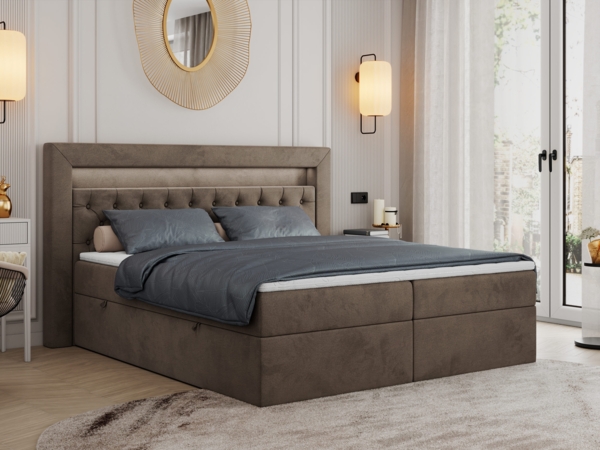 Boxspringbett - Doppelbett mit Multipocket-Matratze und LED - GOLD-6 - 180x200cm - Braun Velours - H3