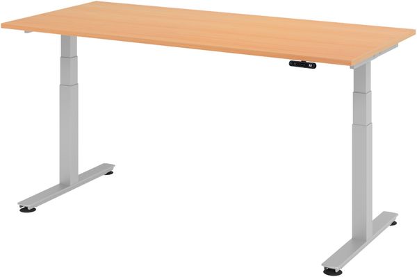 bümö elektrisch höhenverstellbarer Schreibtisch 180x80 cm in Buche, Gestell in silber - Stehschreibtisch höhenverstellbar mit Memory-Steuerung, elektrischer Bürotisch, Gaming Tisch, XDSM-19-6-S