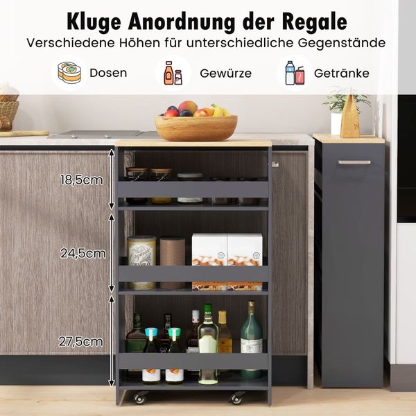 Nischenwagen 20cm breit 4 Etagen Küchenwagen schmal Nischenregal auf Rollen 47,5 x 20 x 80,5 cm Grau