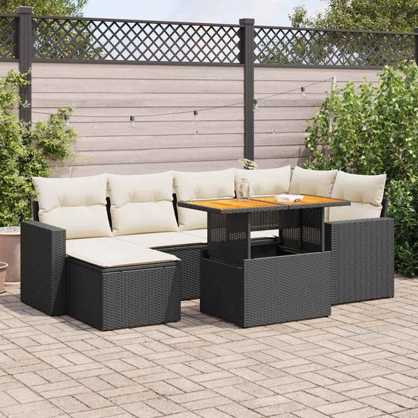 vidaXL 7-tlg. Garten-Sofagarnitur mit Kissen Schwarz Poly Rattan 3327059