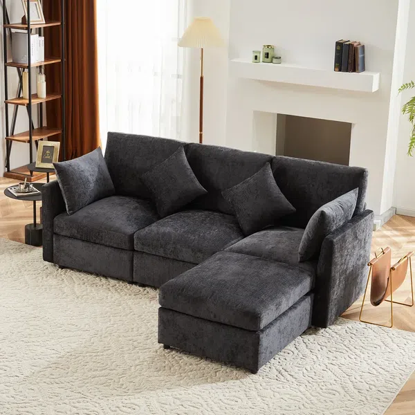 Ecksofa L-Form mit Hocker, Zier- und Armlehnenkissen, Chenille