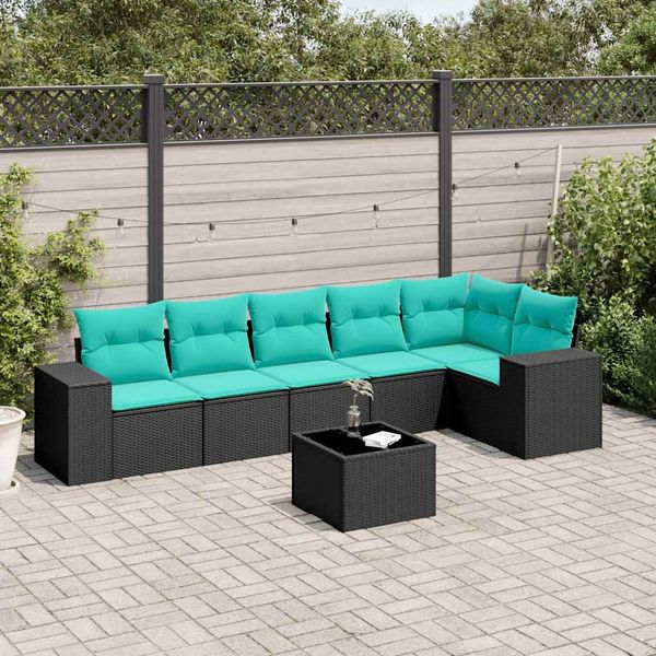 vidaXL 7-teiliges Gartensofa-Set mit Kissen, schwarzes Polyrattan 3222596