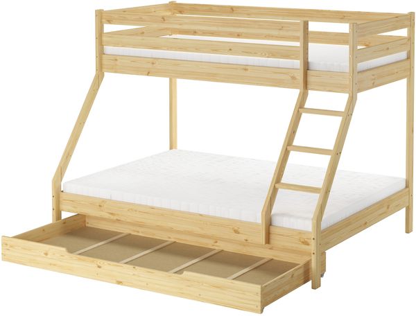 Doppel-Etagenbett 140x200 und 90x200 Erwachsenen-Stockbett Kiefer Zubehör wählbar V-60.19-09-14Rollrost. Matratzen und Bettkasten inkl.