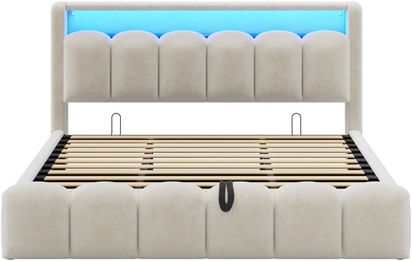 Merax Polsterbett 180*200cm, Doppelbett, Ausgestattet mit hydraulischer Staufunktionund Stauraum im Kopfteil, mit USB- und Typ-C-Anschlüssen, mit LED, Beige Bild 8