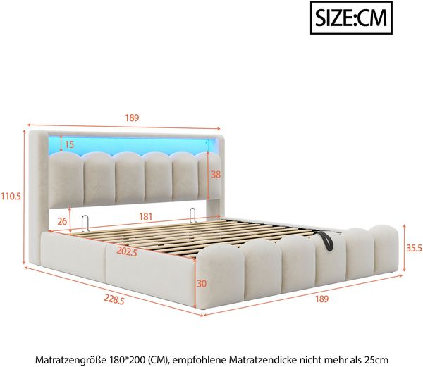 Merax Polsterbett 180*200cm, Doppelbett, Ausgestattet mit hydraulischer Staufunktionund Stauraum im Kopfteil, mit USB- und Typ-C-Anschlüssen, mit LED, Beige Bild 4