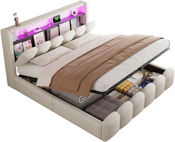 Merax Polsterbett 180*200cm, Doppelbett, Ausgestattet mit hydraulischer Staufunktionund Stauraum im Kopfteil, mit USB- und Typ-C-Anschlüssen, mit LED, Beige Bild 10