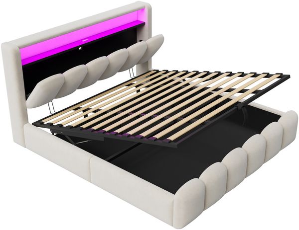 Merax Polsterbett 180*200cm, Doppelbett, Ausgestattet mit hydraulischer Staufunktionund Stauraum im Kopfteil, mit USB- und Typ-C-Anschlüssen, mit LED, Beige Bild 9