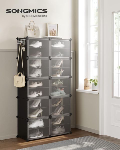 Songmics Schuhregal mit 10 Fächern, Schuhschrank, 30 x 40 x 30 cm pro Fach, schmal, mit Türen, Stahlrahmen, Kunststoff, für Flur, Schlafzimmer, Eingangsbereich, schwarz CPL035B01
