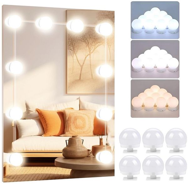 TUWENA LED-Lichtspiegel 3 Farben LED Spiegelleuchte, 9 Helligkeiten Dimmbar Schminklicht (6-St), Schminklicht Spiegellampe, Schminktisch Leuchte mit USB Kabel