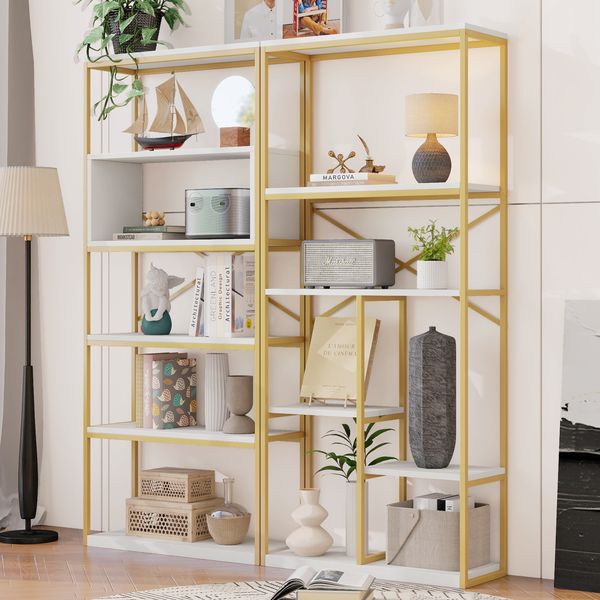 Flieks Standregal 160×29,5×180 cm, Bücherregal modern gold & weiß, Metallregal mit offenen Ablagen, Dekoregal aus MDF & Stahl