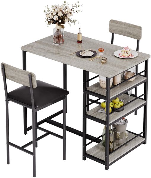 GarveeLife Bartisch mit Barhocker Set, Barhocker 3er Set für 2 Personen mit 1 Tisch + 2 Gepolsterte Stühle, Rückenlehne - Küchentisch mit 3 Ablagen, Esstisch für Wohnzimmer, Esszimmer und Küche, Grau