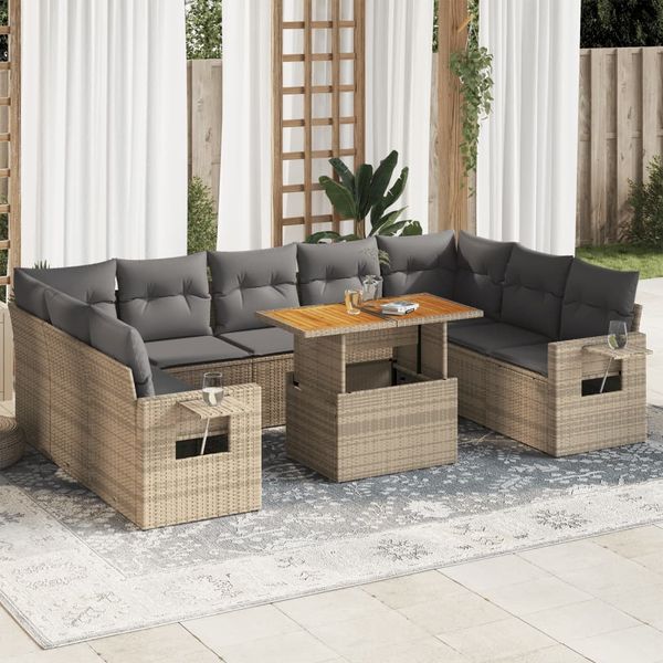 vidaXL 10-tlg. Garten-Sofagarnitur mit Kissen Beige Poly Rattan 3327195