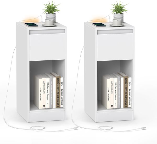 VASAGLE Nachttisch 2er Set, schmal, Beistelltisch, LED-Beleuchtung, 1 USB-A-Anschluss, 1 USB-C-Anschluss, Schublade, offenes Fach, für Schlafzimmer, Wohnzimmer, wolkenweiß LETDE710W01