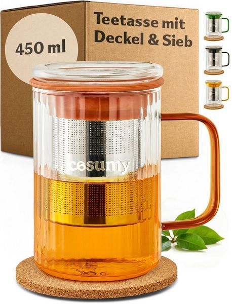 Cosumy Teeglas Teetasse mit Deckel und Sieb 450ml Orange, 1-tlg, Borosilikatglas, Edelstahl, Kork, Edelstahlfilter
