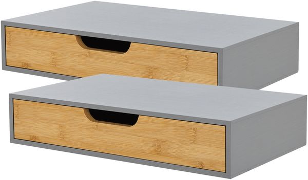 [en. casa] 'Bokn' Wandregal mit Schublade, 2er-Set, Bambus grau, 24 x 40 x 8 cm