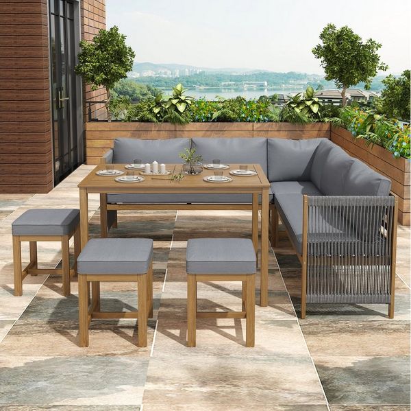 Celya Gartenlounge-Set Gartenlounges, Gartenmöbel Set 8 Personen mit Esstisch, (Outdoor-Tisch- und Stuhl-Set für 7–8 Personen, mit Sofa, 3 Hocker und 1 Tisch, Akazie, Grau+Natur), Gartenmöbel Set mit Kissen, Ecksofa, Polyrattan Lounge